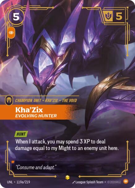 Kha'Zix - Evolving Hunter 119a - Riftbound League of Legends UNL kart görseli